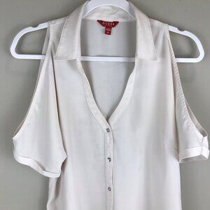 Guess cold shoulder button front, tie waist cropped blouse US M